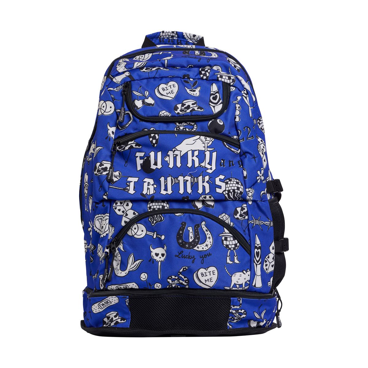 Way Funky Scratchy Elite Squad backpack in blue, black, and white with bold graffiti-style design and adjustable straps.