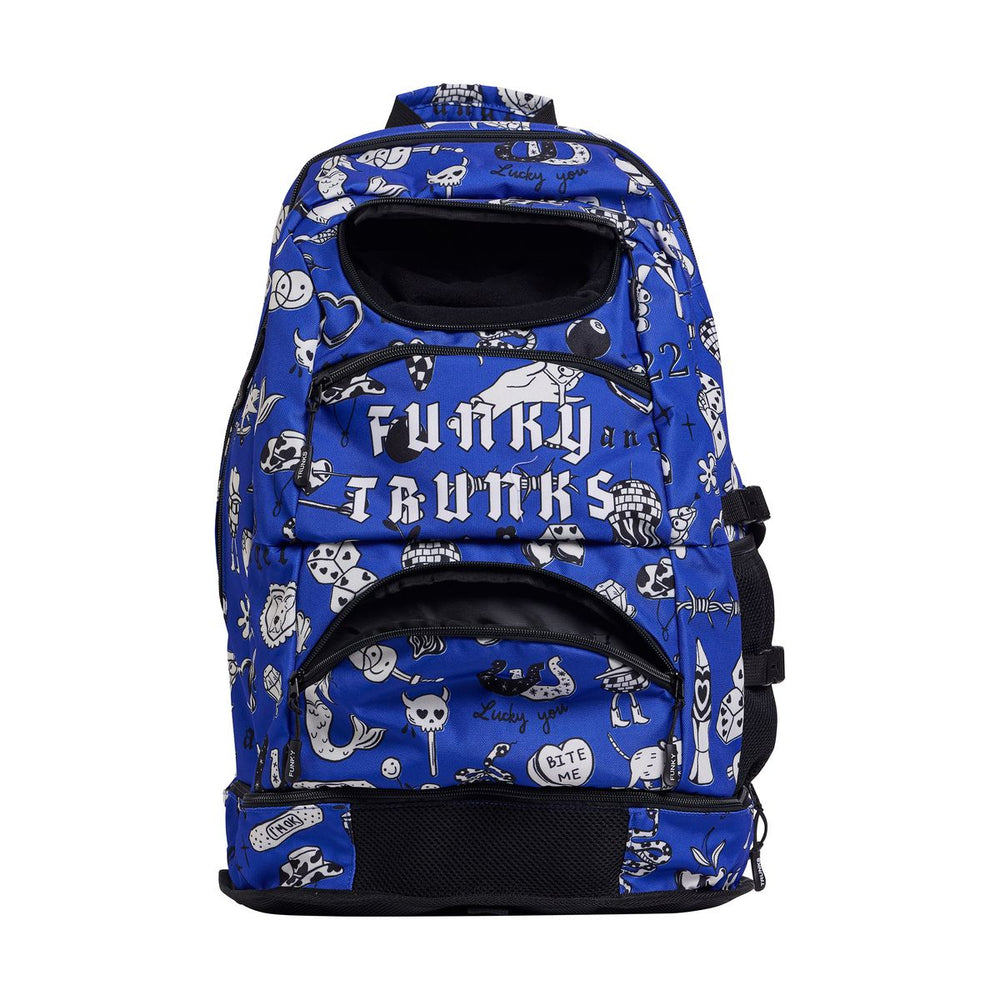 Way Funky Scratchy Elite Squad backpack in blue, black, and white with bold scratchy design and multiple compartments.