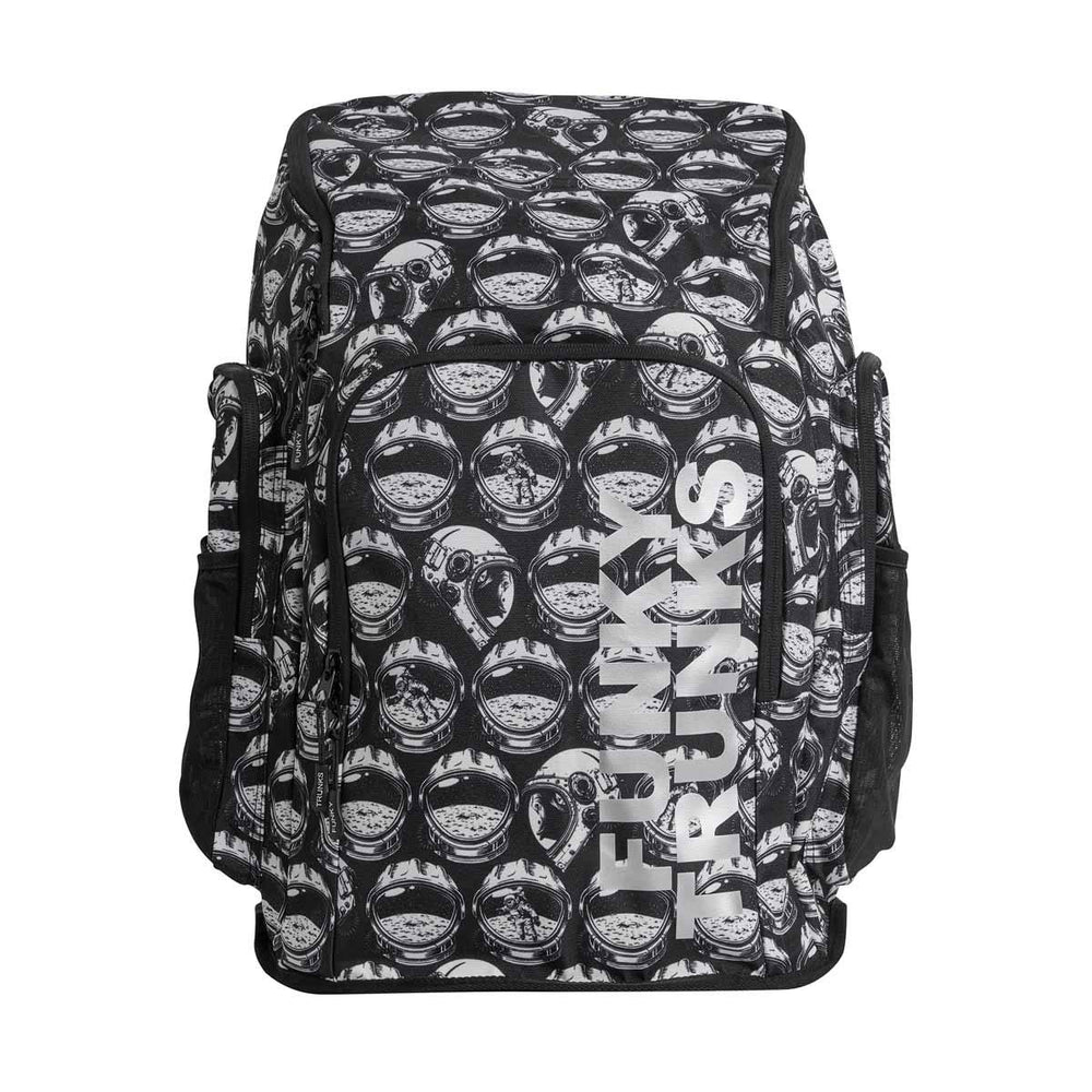Way Funky Arti Mess Space Case backpack in black and white with bold, artistic design and adjustable straps on a plain background.
