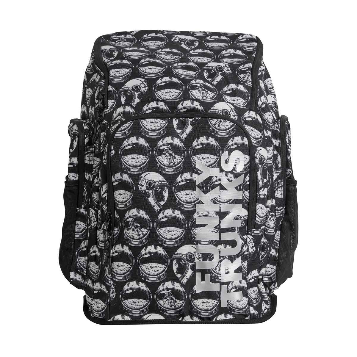 Way Funky Arti Mess Space Case backpack in black and white with bold, artistic design and adjustable straps on a plain background.