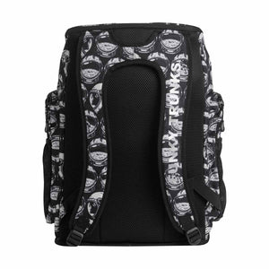 Black and white Way Funky Arti Mess Space Case backpack with space-themed design, featuring multiple compartments and adjustable straps.