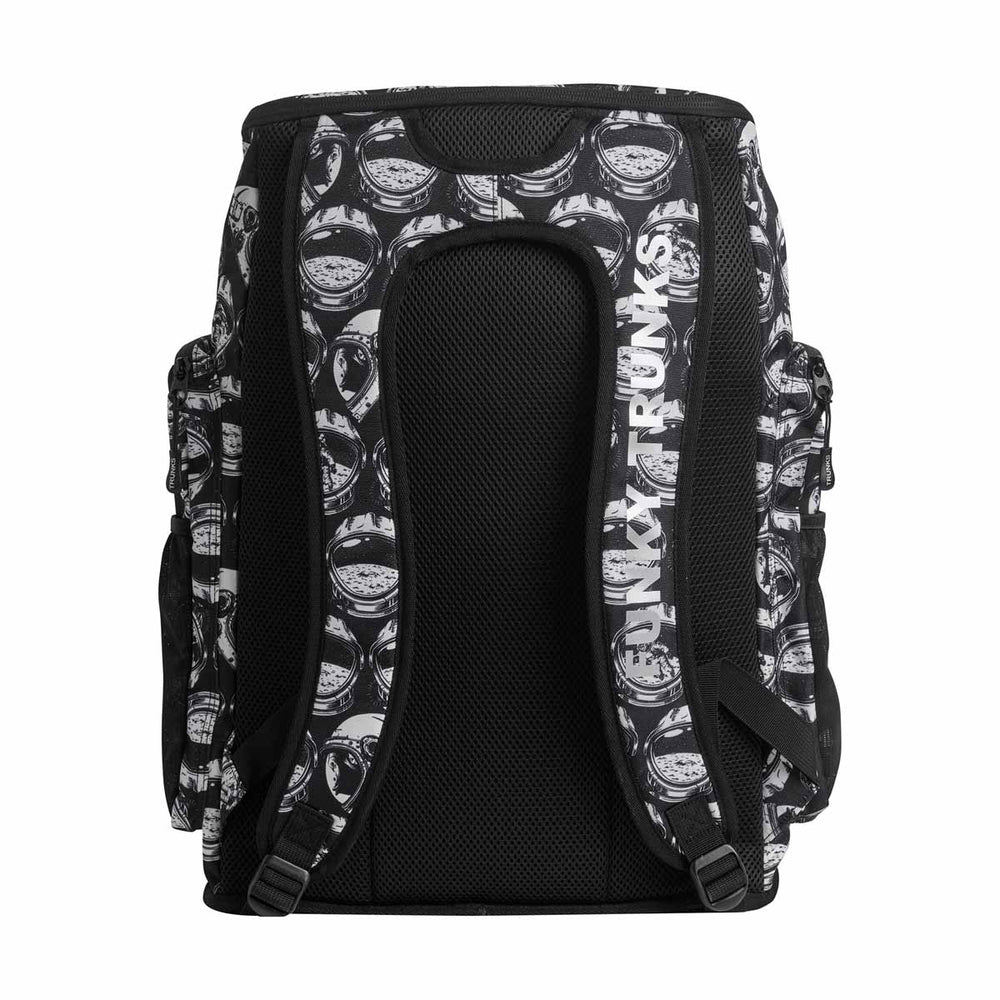 Black and white Way Funky Arti Mess Space Case backpack with space-themed design, featuring multiple compartments and adjustable straps.