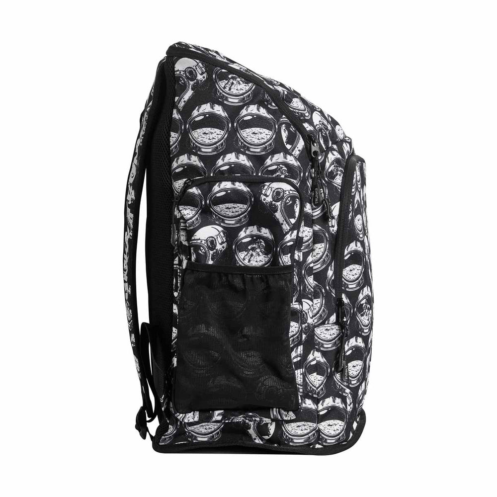 Black and white Way Funky Arti Mess Space Case backpack with bold abstract design, showing multiple compartments and adjustable straps.
