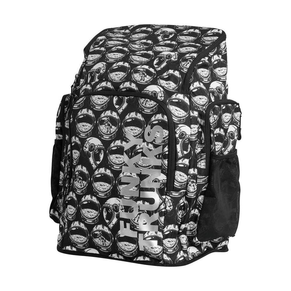 Black and white Way Funky Arti Mess Space Case backpack with space-themed design, featuring multiple compartments and adjustable straps.