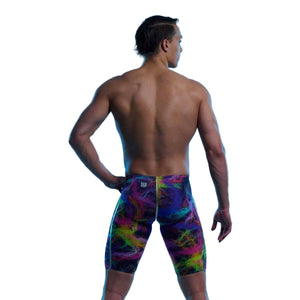 Funky Trunks men's Apex Oblivion Solar Flares jammer with vibrant multicolor design, showcasing a close-up of the swimwear fabric and pattern.