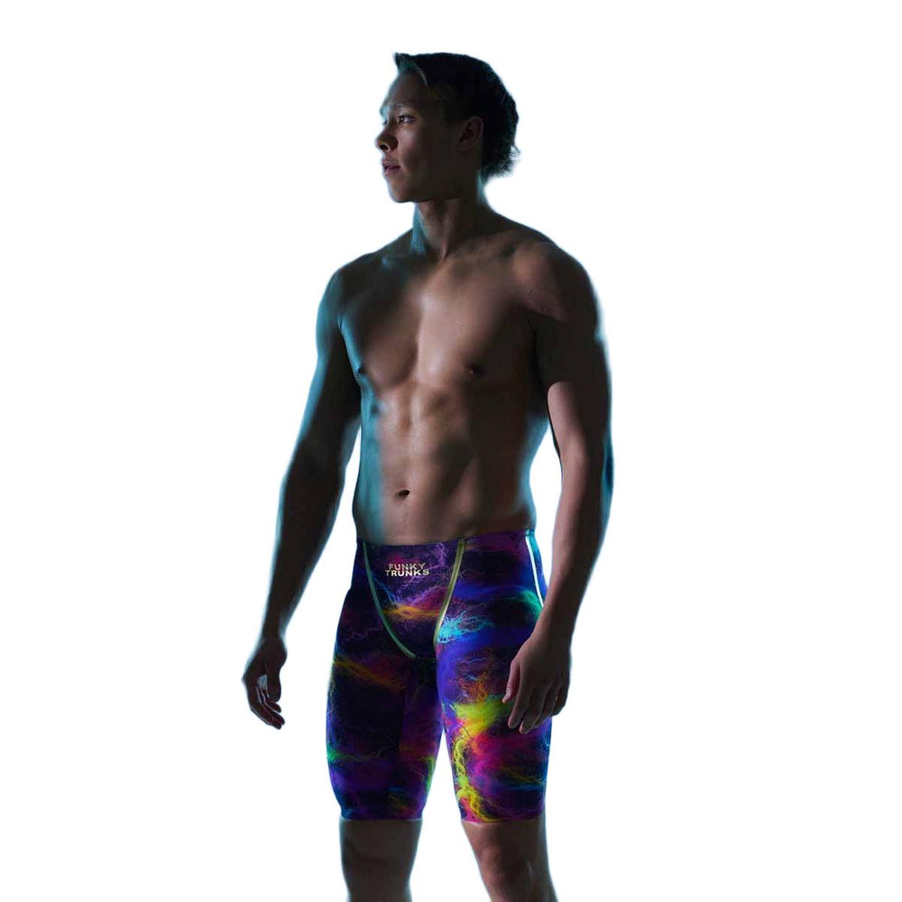 Funky Trunks men's Apex Oblivion Solar Flares jammers in vibrant multi-color design, showcasing a sleek swimwear style.