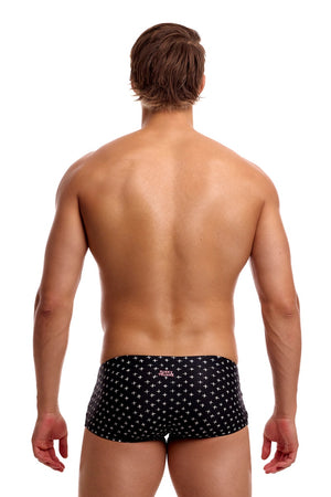 Black Funky Trunks men's Be Positive classic trunks with colorful waistband design, laid flat to show fit and fabric details.