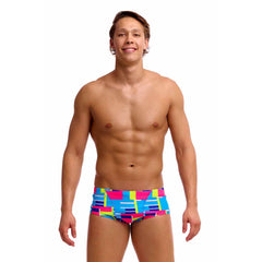 Funky Trunks men's Blok Tok classic trunks in multi-color with bold geometric patterns, shown laid flat.