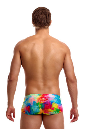 Funky Trunks men's falling colours classic trunks in vibrant multi-colored design, showcasing the waistband and fabric pattern.