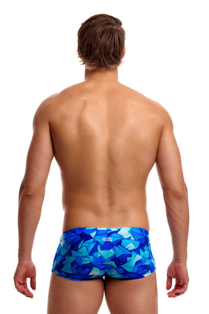 Funky Trunks men's Try Blue classic trunks in vibrant blue fabric, shown lying flat with waistband and detailed stitching visible.