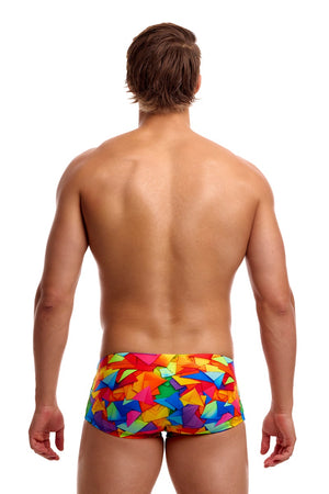 Funky Trunks men's classic trunk underwear in a multicolored design, displayed on a white background.