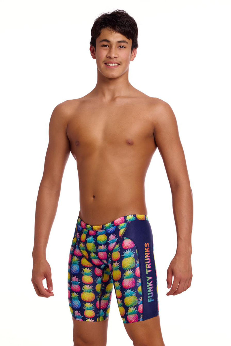 Funky Trunks Boys Pine Gap training jammers in multi-color with a vibrant pattern and elastic waistband for active swimming.