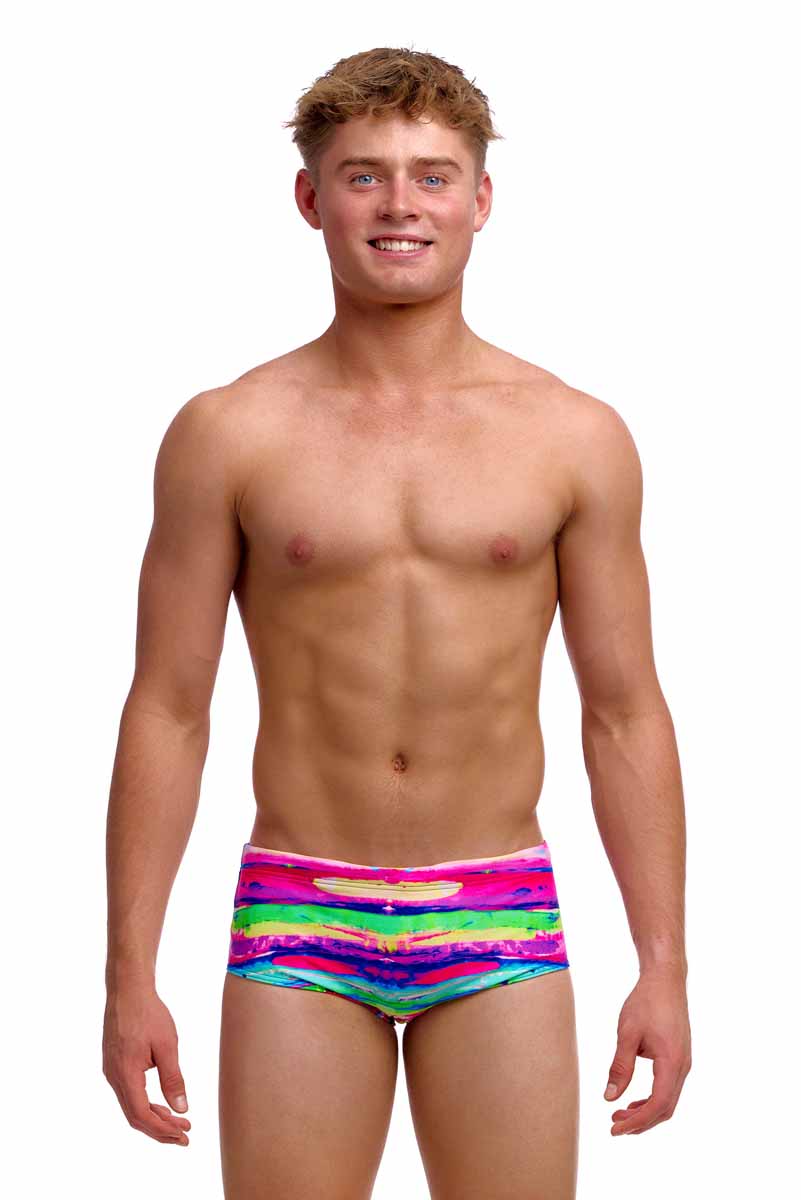 Funky Trunks boys' paint patch sidewinder trunks in vibrant multi colors, featuring a bold patch design and comfortable fit.