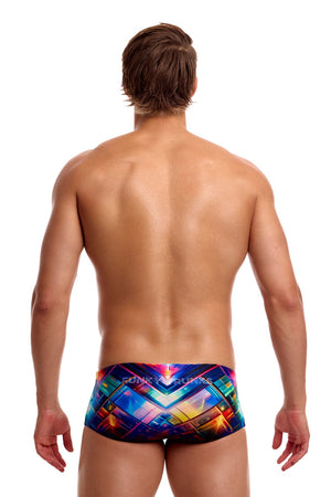 Funky Trunks men's Firefly Sparkle Sidewinder trunks in vibrant multi-color with glittering design and side detailing.