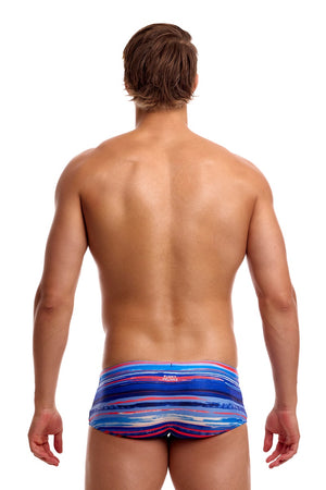 Funky Trunks Lost Lines Sidewinder men's trunks in multicolor, featuring a sleek, sporty design with side stripe details.
