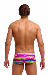 Funky Trunks men's Paint Patch Sidewinder trunks featuring colorful paint patch design, casual swimwear for men.
