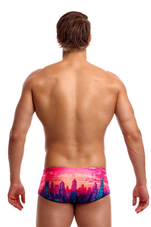 Funky Trunks men's Skyline Drive Sidewinder trunks in multi-color with bold skyline graphic and comfortable fit.