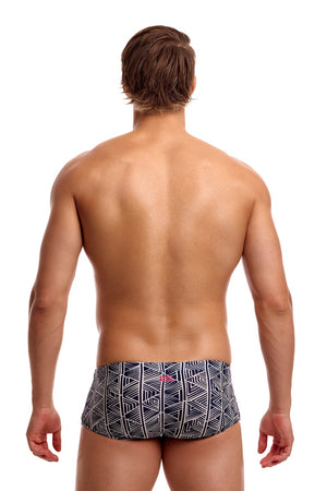 Black Funky Trunks Stickler Sidewinder trunks with bold side pattern and fitted style, designed for comfort and athletic wear.