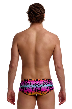 Funky Trunks men's Wild Animal Sidewinder trunks with vibrant animal print and bold design, showcasing the colorful swimwear fabric.