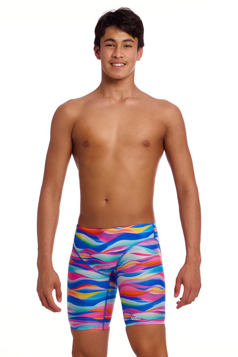 Funky Trunks boys royal wave fast training jammers in vibrant blue and white, designed for swimming and training.