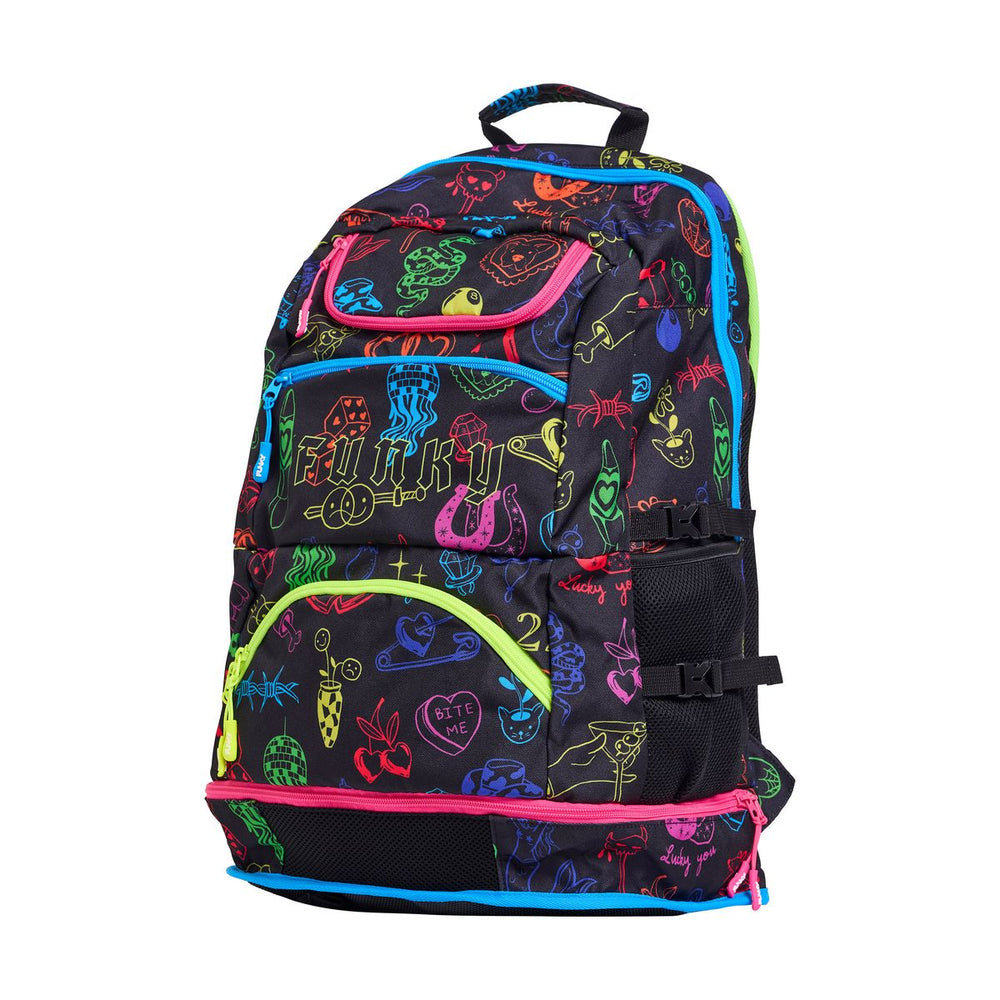 Way Funky Doodles Elite Squad backpack in multi-color design, featuring a spacious main compartment and adjustable straps.