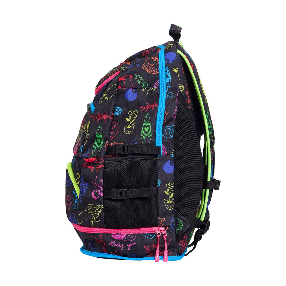 Way Funky Doodles Elite Squad backpack in multi-color design with cartoon doodle pattern, featuring adjustable straps and front pocket.