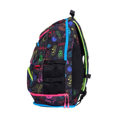 Way Funky Doodles Elite Squad backpack in multi-color design with cartoon doodle pattern, featuring adjustable straps and front pocket.
