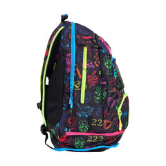 Way Funky Doodles Elite Squad backpack in multicolor with playful doodle design, featuring adjustable straps and multiple compartments.