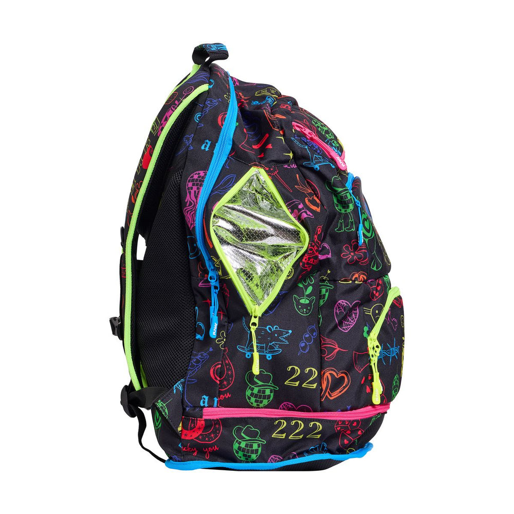 Colorful Way Funky Doodles Elite Squad backpack with multiple compartments and adjustable straps, featuring vibrant doodle designs.