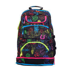 Way Funky Doodles Elite Squad backpack in multi-color with cartoon doodle design, featuring adjustable straps and front pocket.