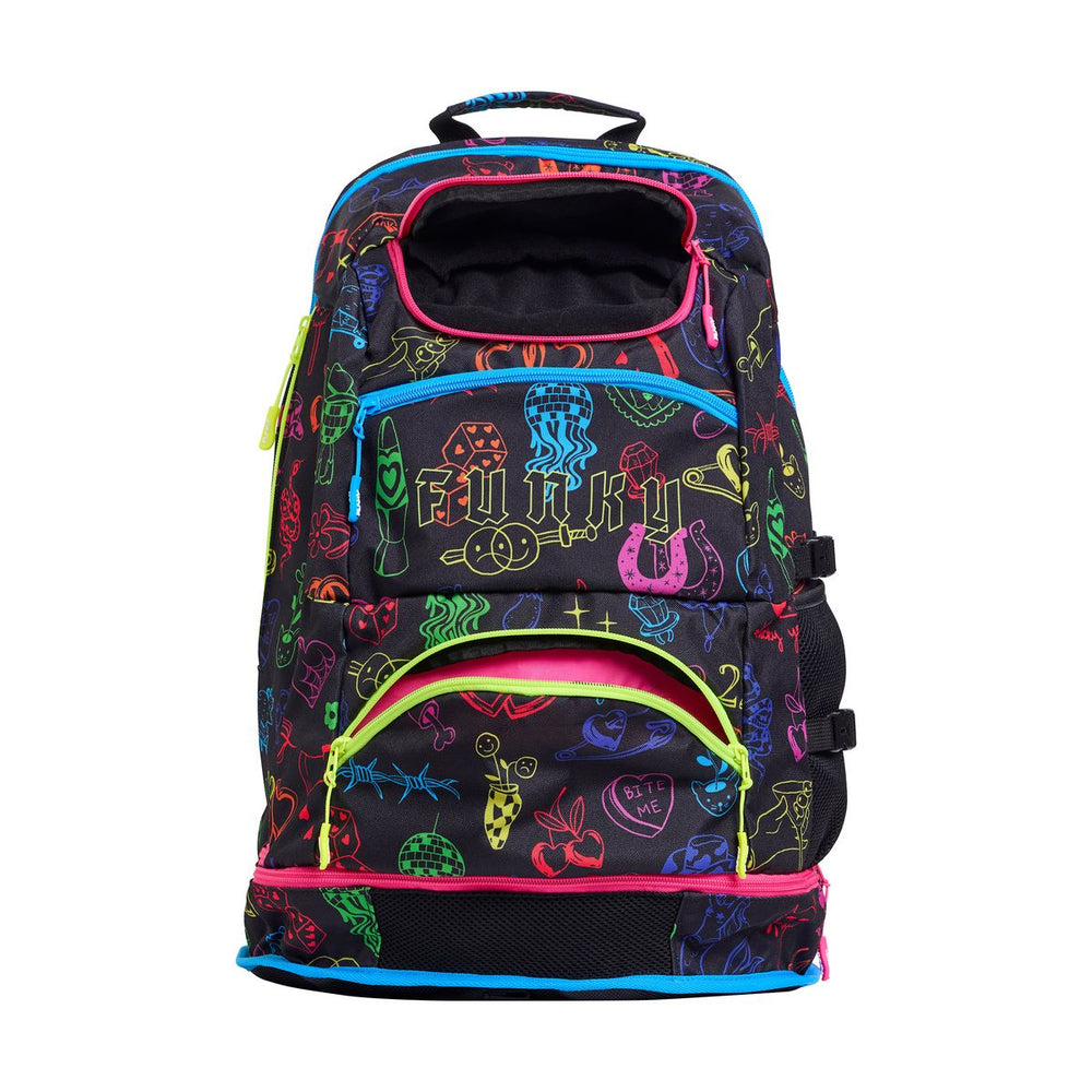 Way Funky Doodles Elite Squad backpack in multicolor with cartoon doodle design, spacious main compartment and adjustable straps.