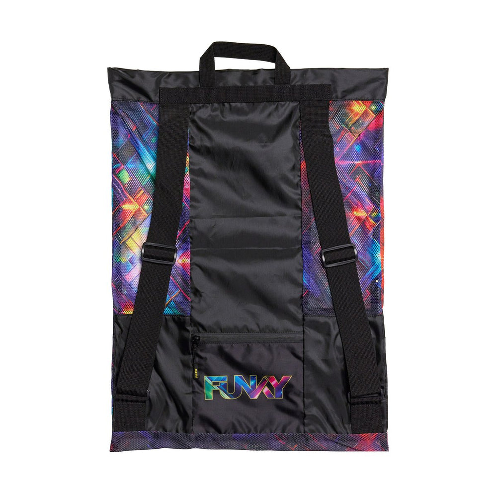 Way Funky Firefly Sparkle Gear Up Mesh Backpack in multicolor, showing its breathable mesh material and vibrant sparkly design.