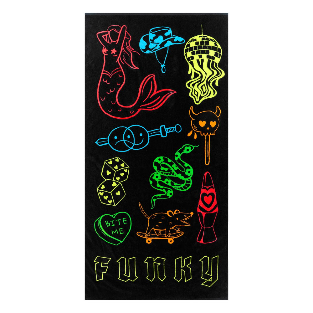 Black and multicolored doodle-designed cotton towel by Way Funky, featuring vibrant, playful patterns on soft, absorbent fabric.