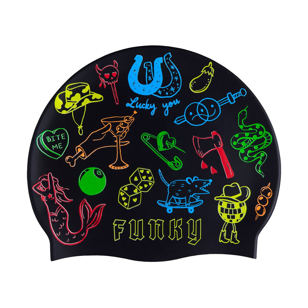 Way Funky Doodles silicone swimming cap with colorful doodle design, flexible and waterproof swim hat for adults and kids.