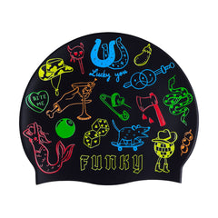 Way Funky Doodles silicone swimming cap with colorful doodle design, flexible and waterproof swim hat for adults and kids.
