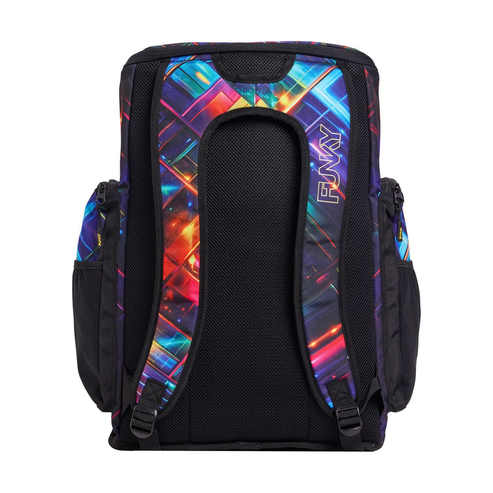 Way Funky Firefly Sparkle Space Backpack featuring a colorful, glittery galaxy design with adjustable straps and multiple compartments.