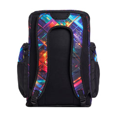 Way Funky Firefly Sparkle Space Backpack featuring a colorful, glittery galaxy design with adjustable straps and multiple compartments.