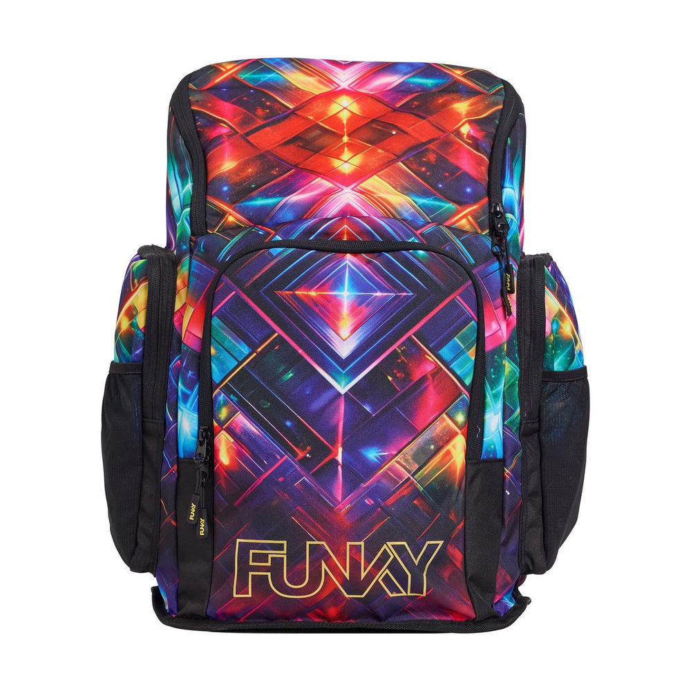 Way Funky Firefly Sparkle Space Case backpack with colorful glitter and star designs, featuring adjustable straps and multiple compartments.