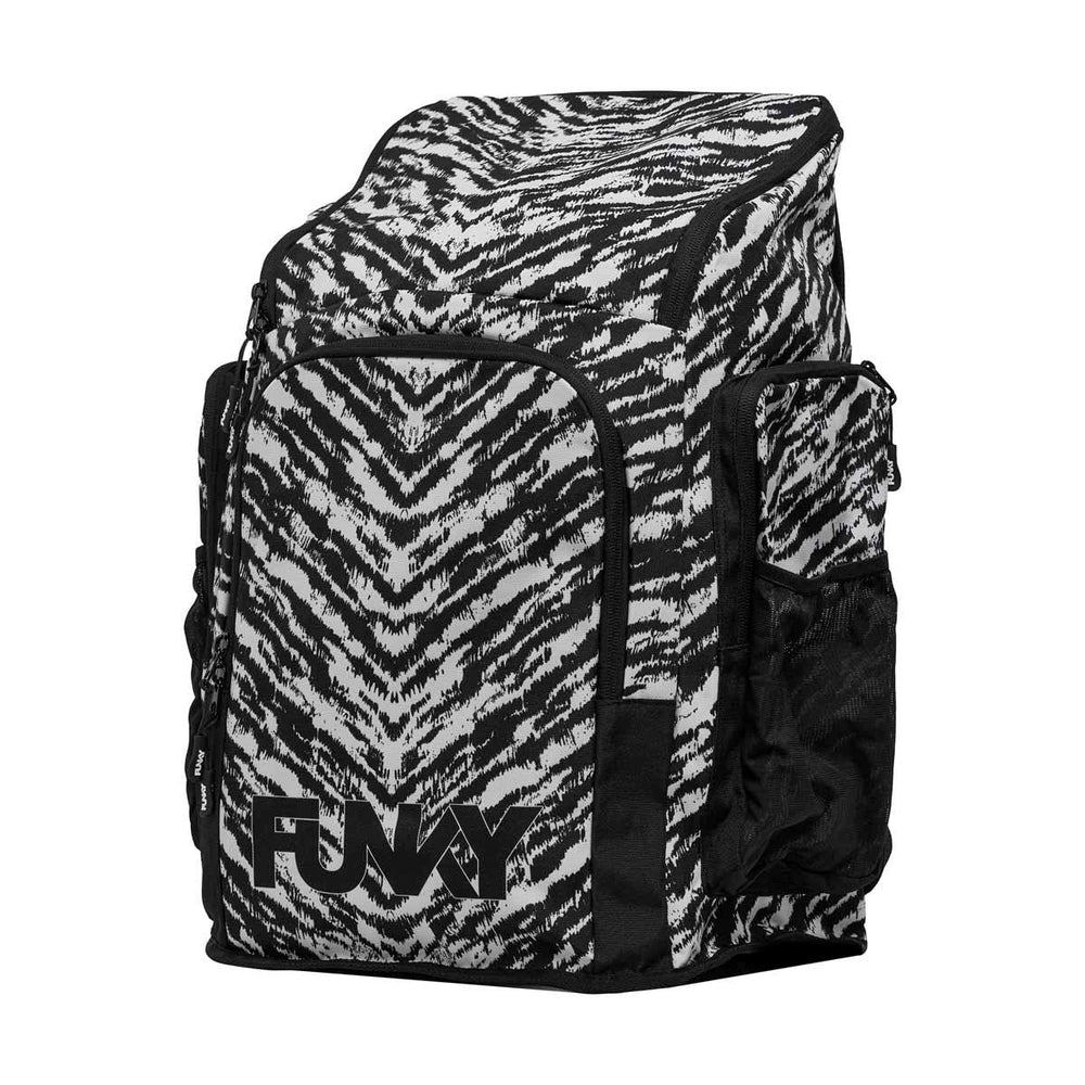 Way Funky Fur Elise Space Case backpack in black and white with space-inspired design, featuring adjustable straps and multiple compartments.
