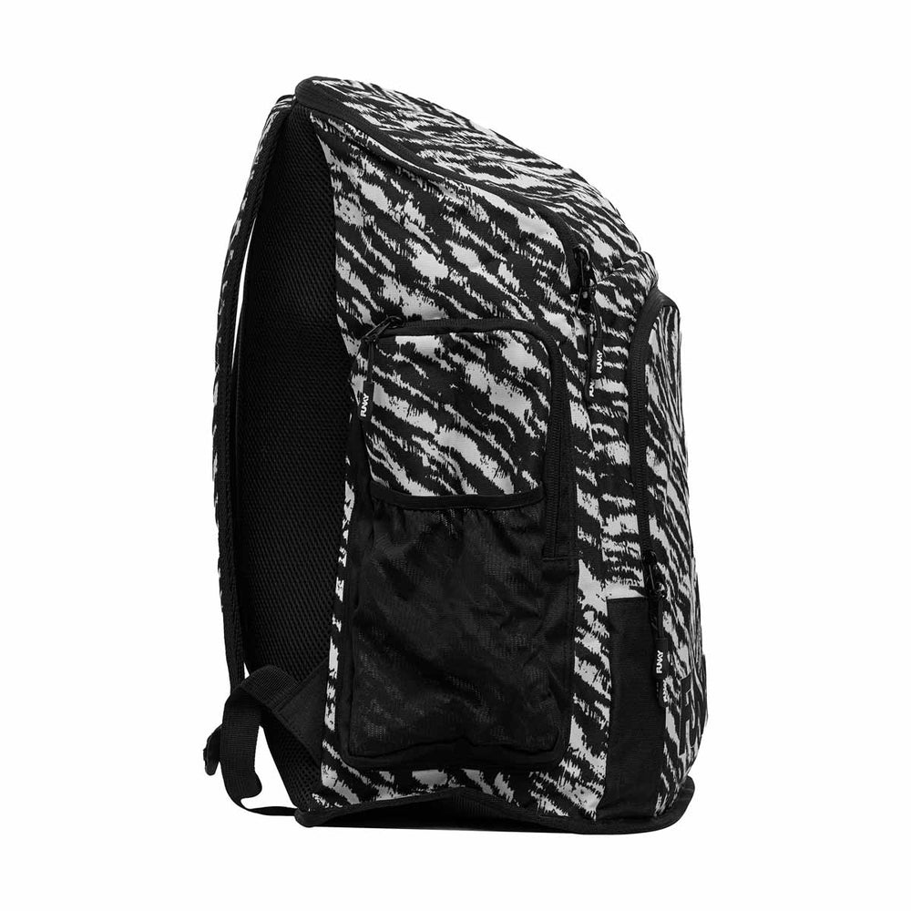 Way Funky Fur Elise Space Case Backpack in black and white with a textured fur design and adjustable shoulder straps.