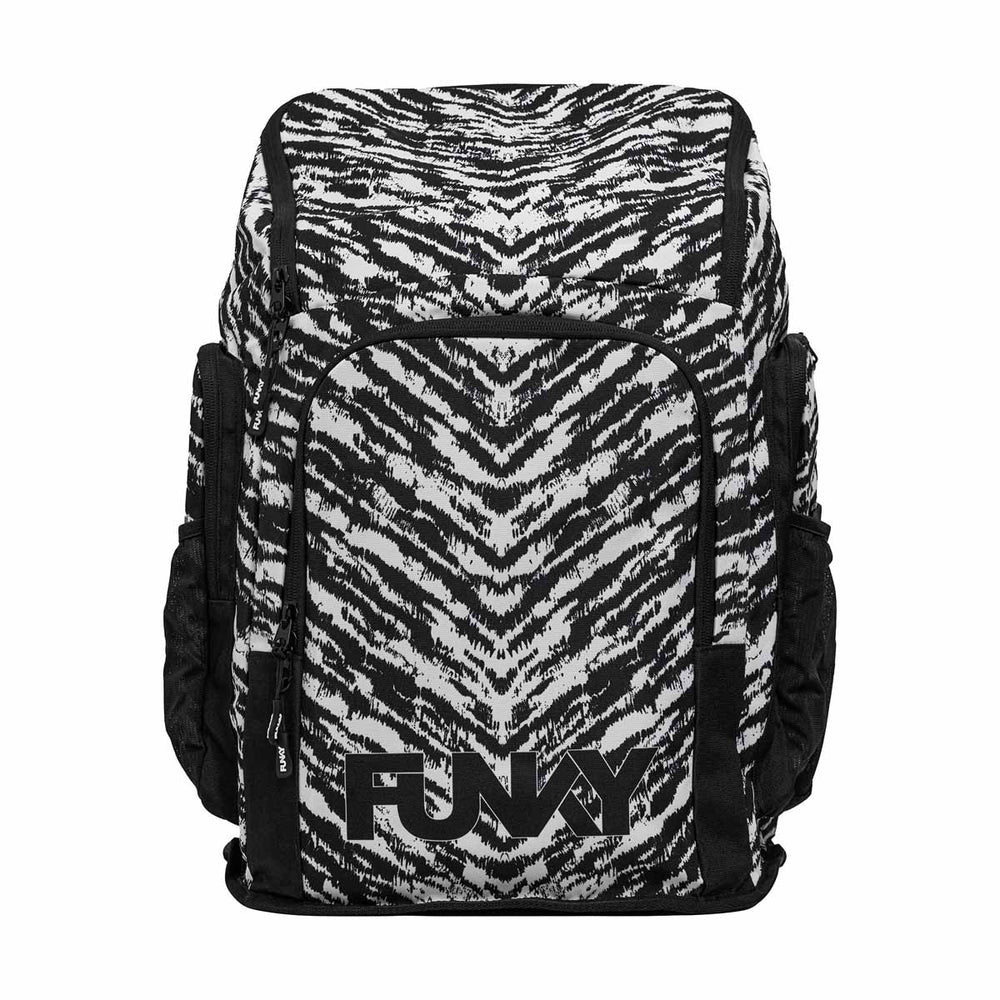 Way Funky Fur Elise Space Case Backpack in black and white with a galaxy-inspired pattern and adjustable shoulder straps.
