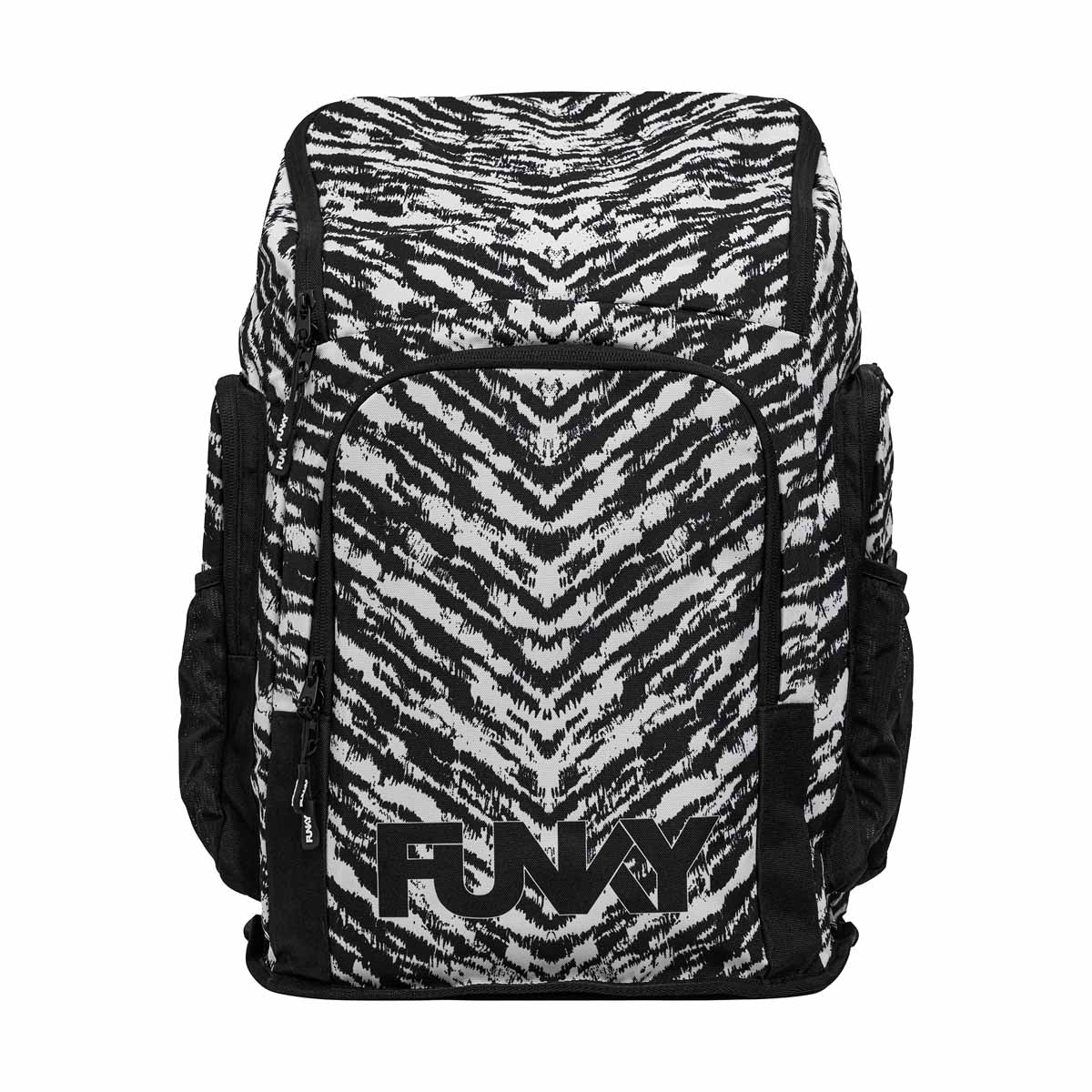Way Funky Fur Elise Space Case Backpack in black and white with a galaxy-inspired pattern and adjustable shoulder straps.