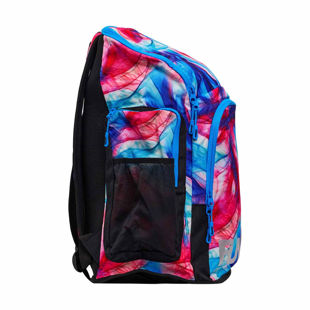 Way Funky Muscle Mad space backpack in multi-color with bold graphic design, featuring adjustable straps and multiple compartments.
