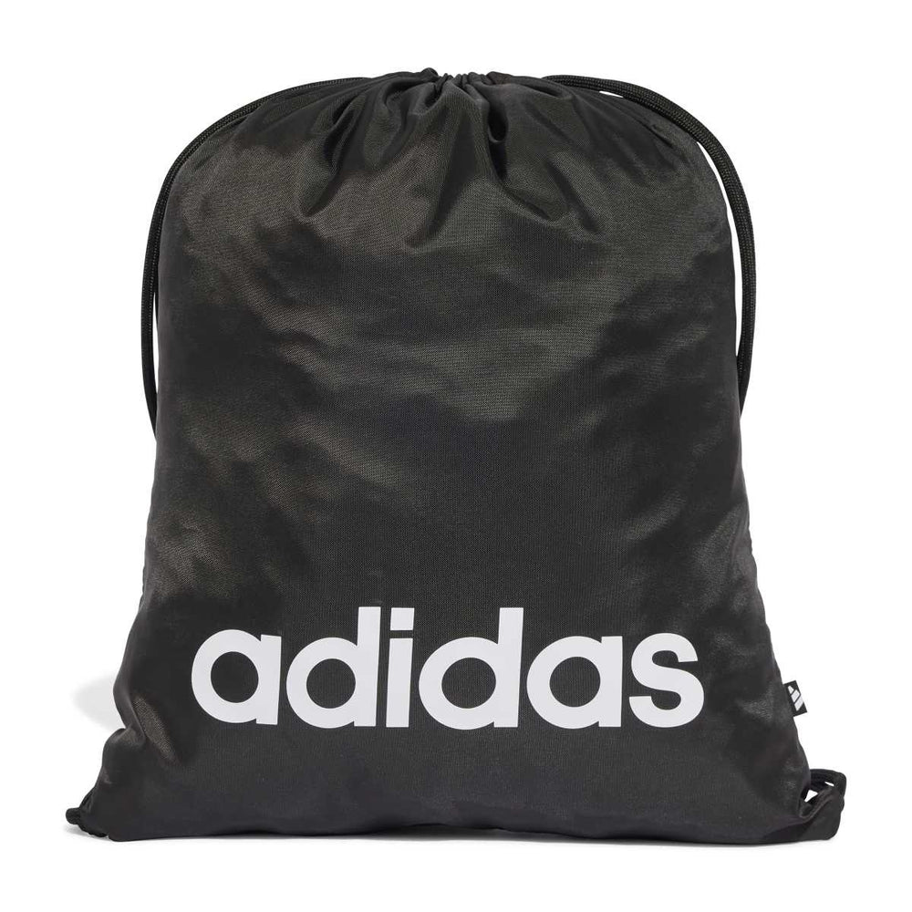 Black Adidas Linear gym sack, a sleek swim bag with adjustable straps and front logo, designed for easy carry and storage.