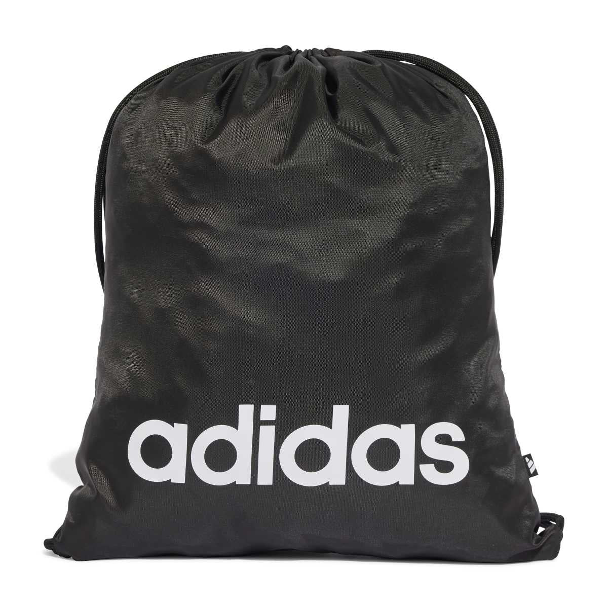 Black Adidas Linear gym sack, a sleek swim bag with adjustable straps and front logo, designed for easy carry and storage.