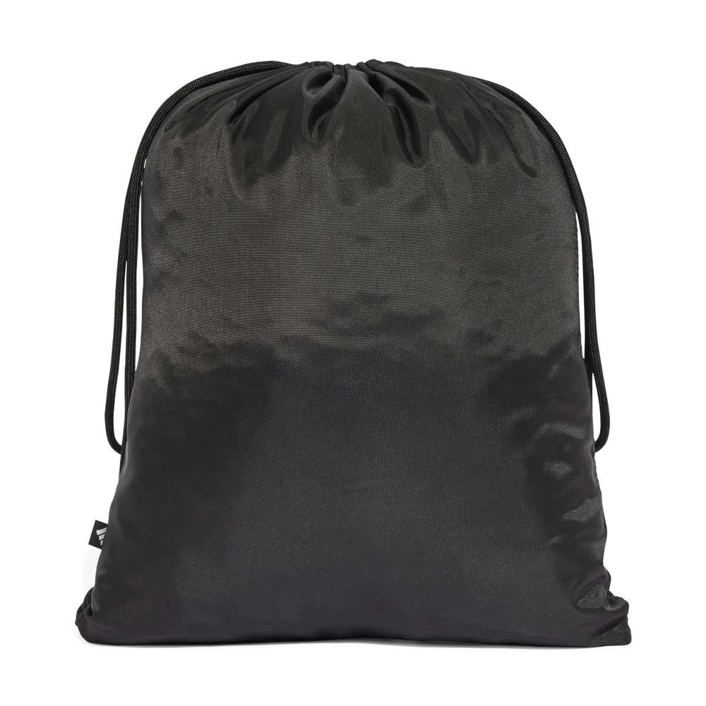 Black Adidas Linear gym sack used as a swim bag, shown from the back center view, featuring the Adidas logo and adjustable straps.
