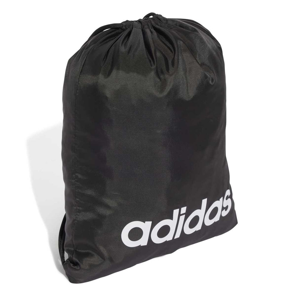 Black Adidas Linear gym sack with swim bag design, showing front and side views with hardware details.