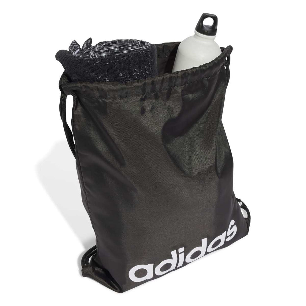 Black Adidas Linear gym sack with interior view, designed as a versatile swim bag with adjustable shoulder straps.