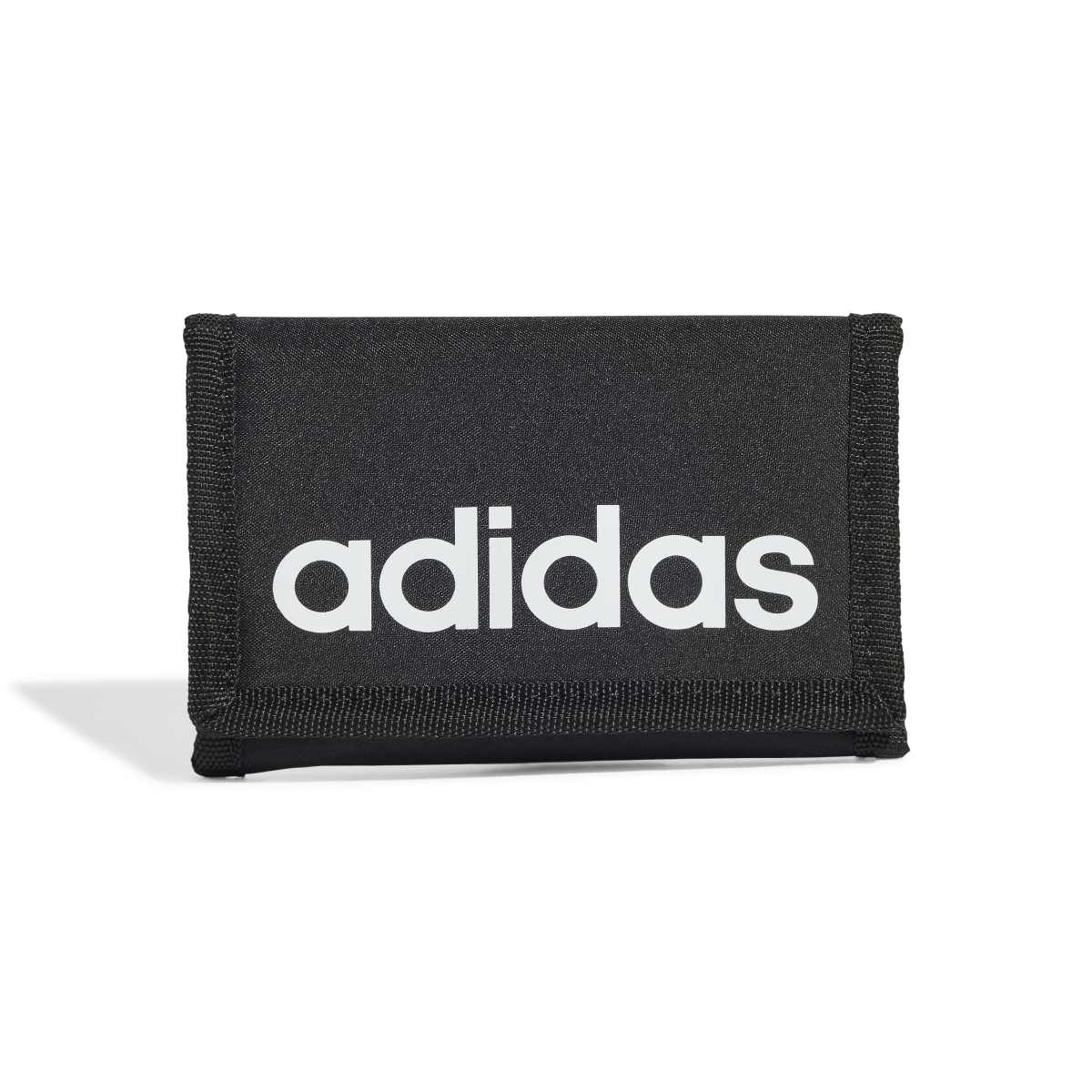 Adidas Linear Wallet in black and white, showing the front view with sleek design and logo on the wallet.