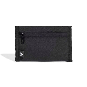 Black and white Adidas Linear Wallet with sleek design, shown from the back center view, highlighting the brand logo and wallet details.